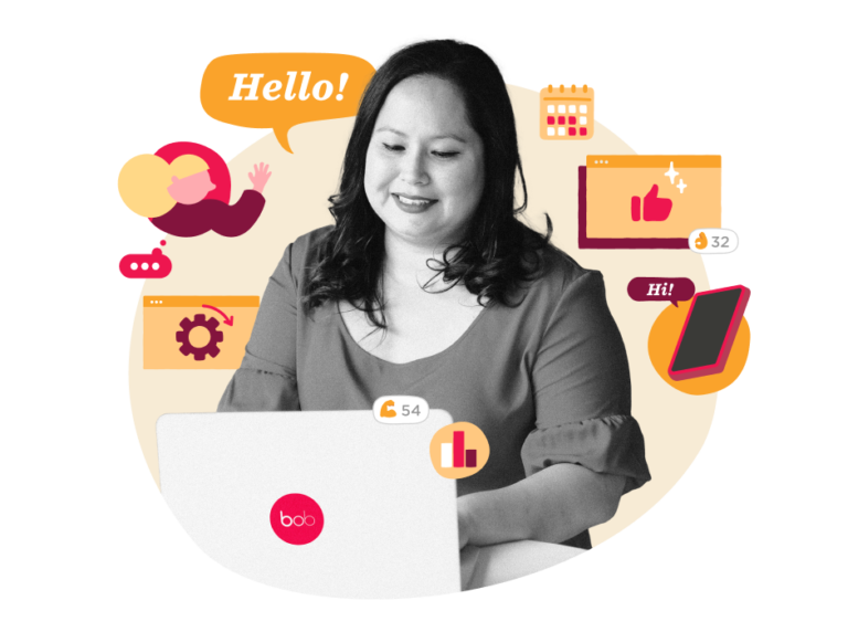 woman working on laptop, colorful icons of communication and analytics surrounding her