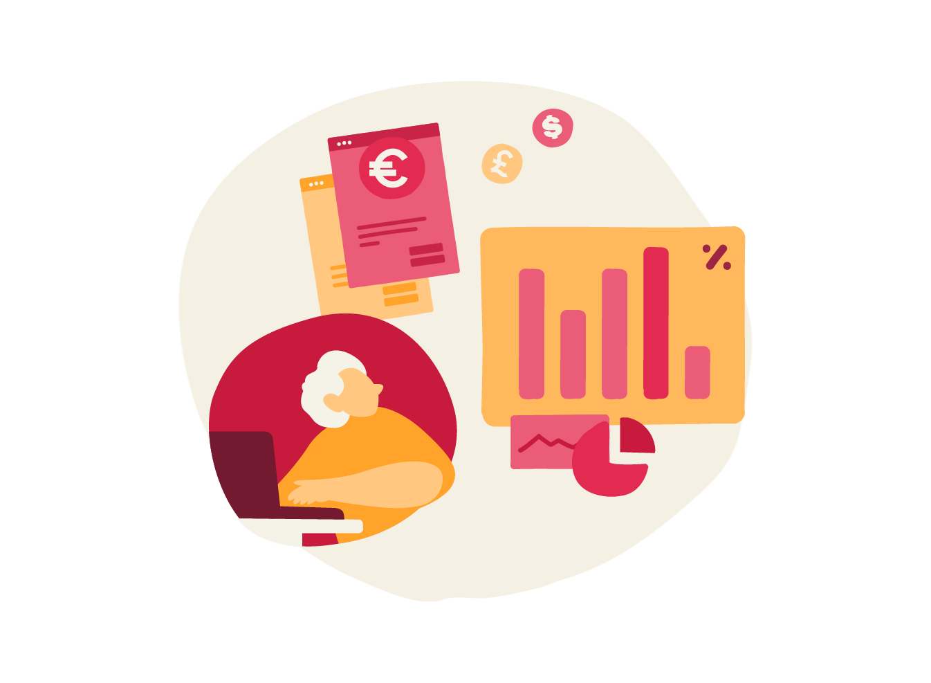 elderly person working on a laptop with financial documents and charts, illustrative depiction of data analysis and finance