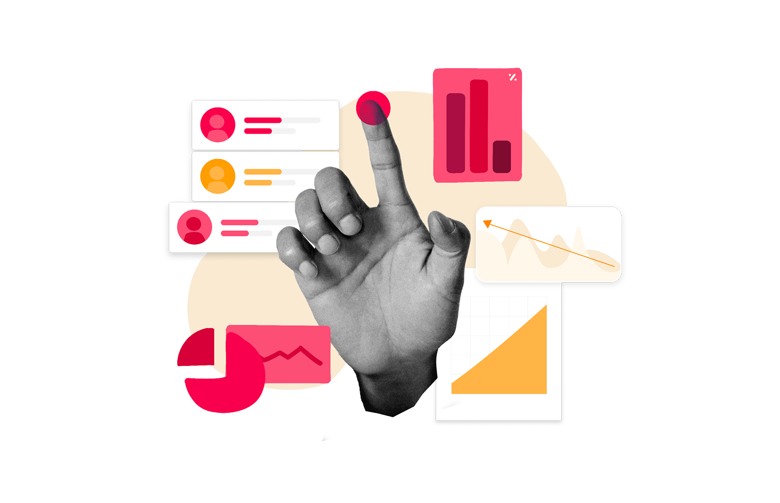 hand interacting with digital graphs and user data interfaces in a modern, colorful design, data visualization and analysis tools