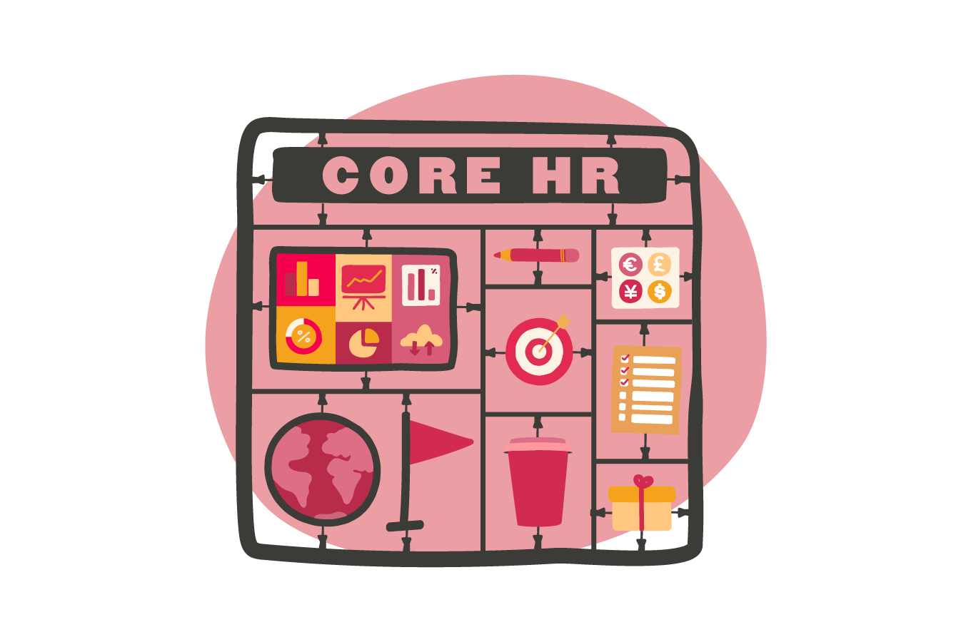 core hr illustration with charts, globe, target, and documents representing human resources management, colorful hr elements and business icons