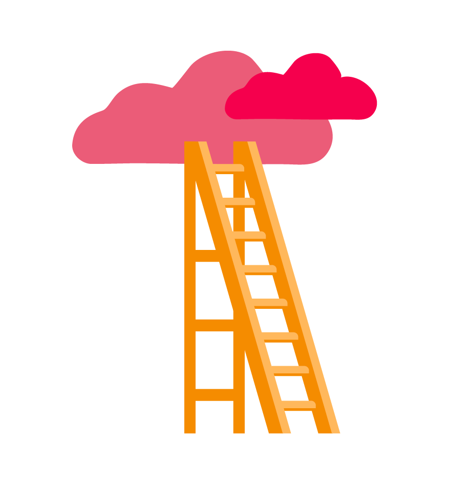 ladder leading to pink clouds, colorful ladder symbolizing aspiration and creativity in a vibrant illustrated style