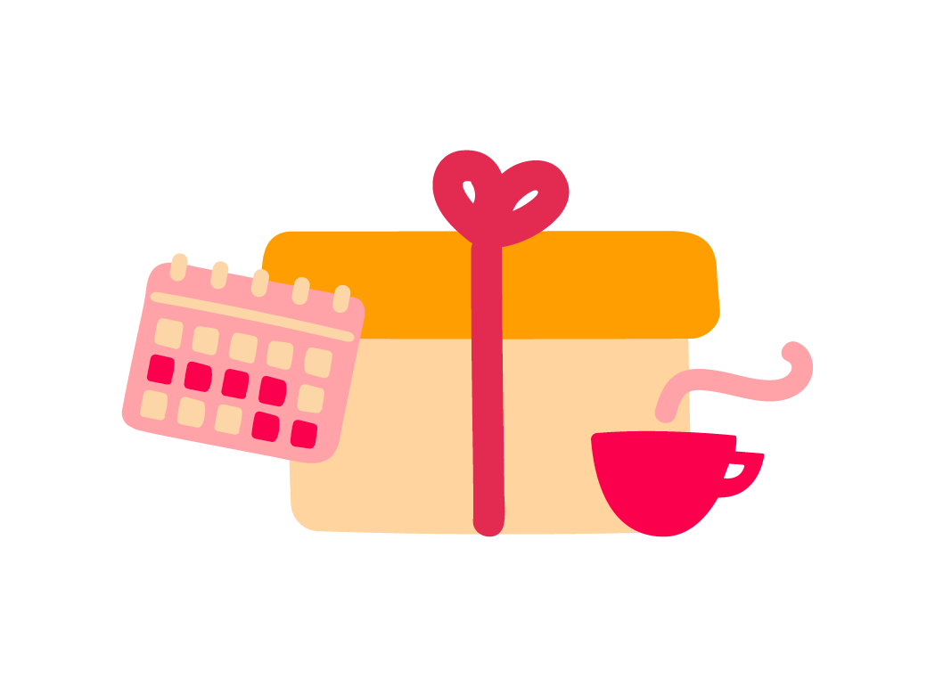 gift box with a heart bow, coffee cup, and calendar, symbolizing celebration and special occasions, colorful gift, coffee and calendar elements