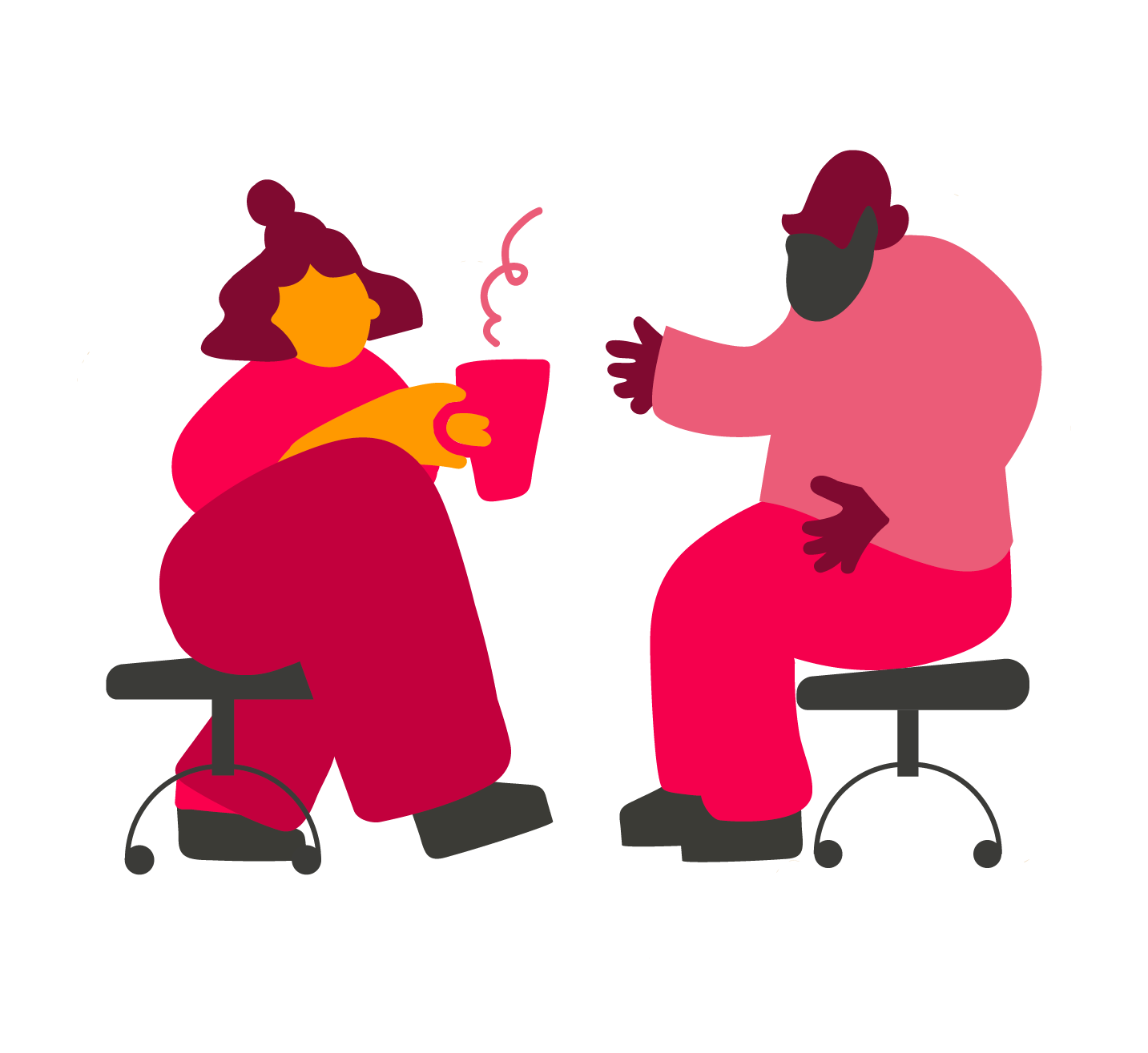 illustration of two people sitting on stools, one holding a drink, engaging in conversation with animated expressions, colorful, minimalistic design emphasizing communication and connection