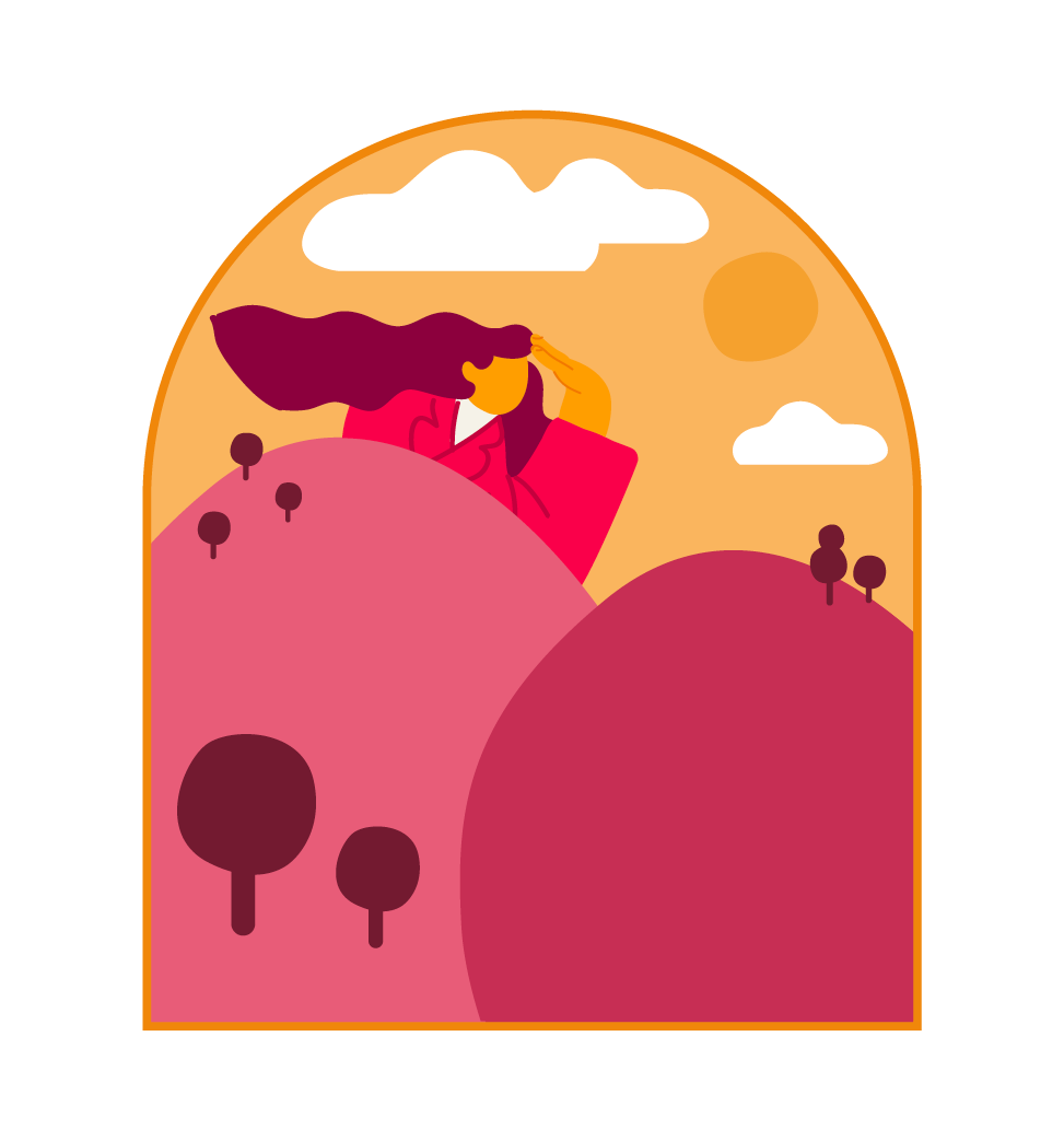 woman in red jacket gazing towards horizon, colorful hills beneath sunny sky with clouds, vibrant landscape illustration, bright colors