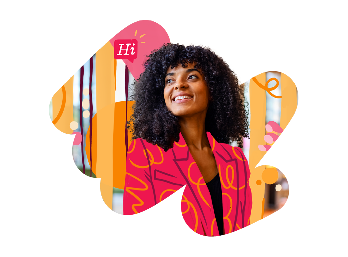 smiling woman in vibrant patterned blazer with colorful abstract background, expression of joy and positivity, colorful illustration and stylish attire