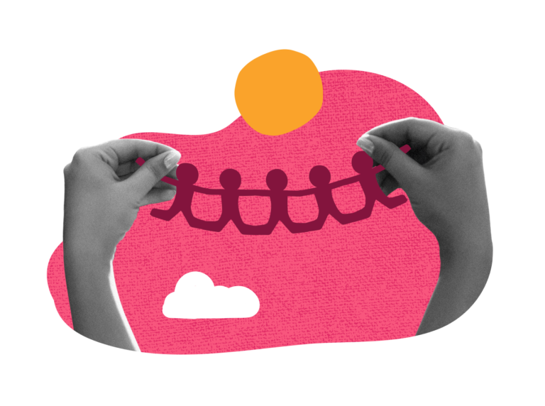 hands holding paper cutouts of people against a pink background with a sun and clouds, community connection graphic illustration