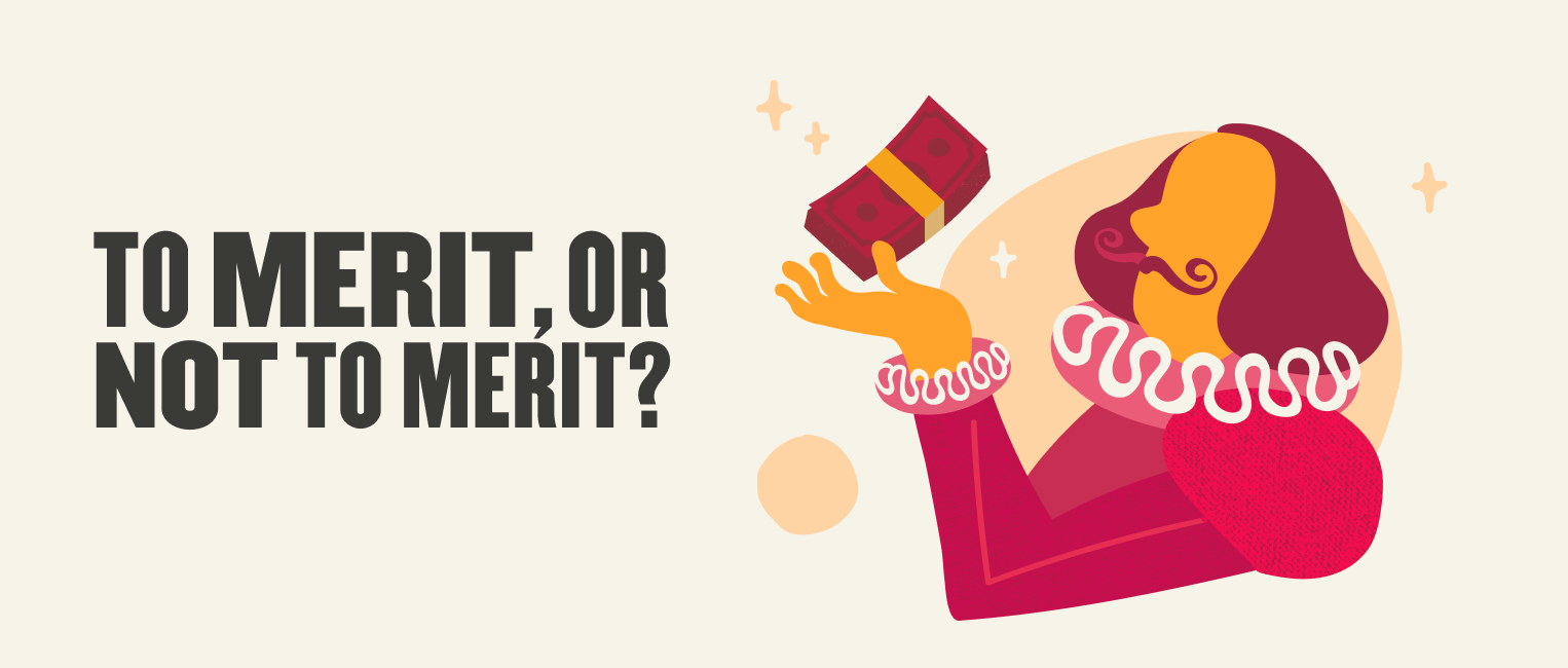to-merit-or-not-to-merit-illustration, colorful-figure-holding-money-in-hand