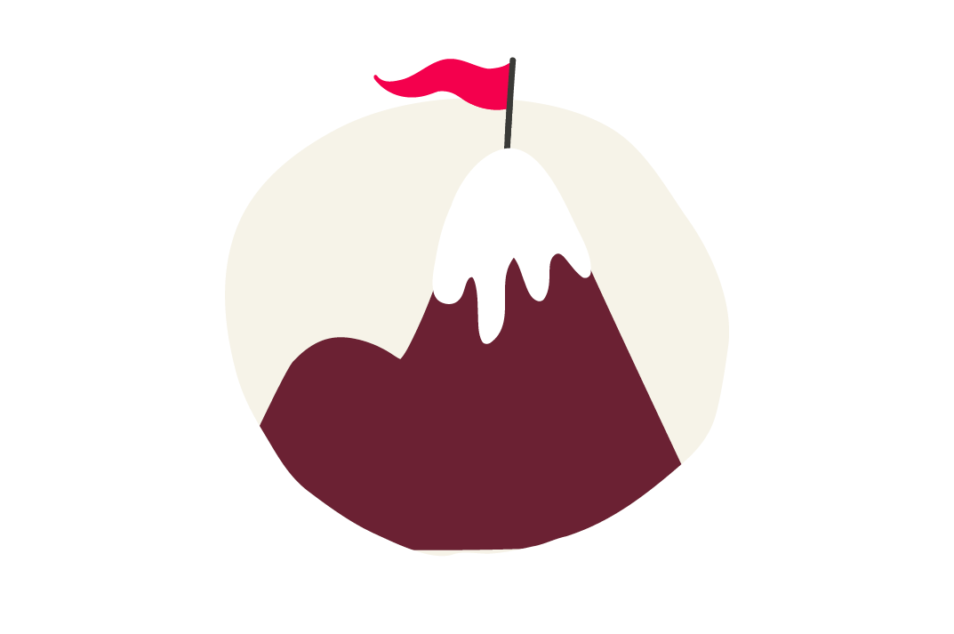mountain with snow cap and red flag on top inside a circular background, stylized mountain illustration with minimalistic design