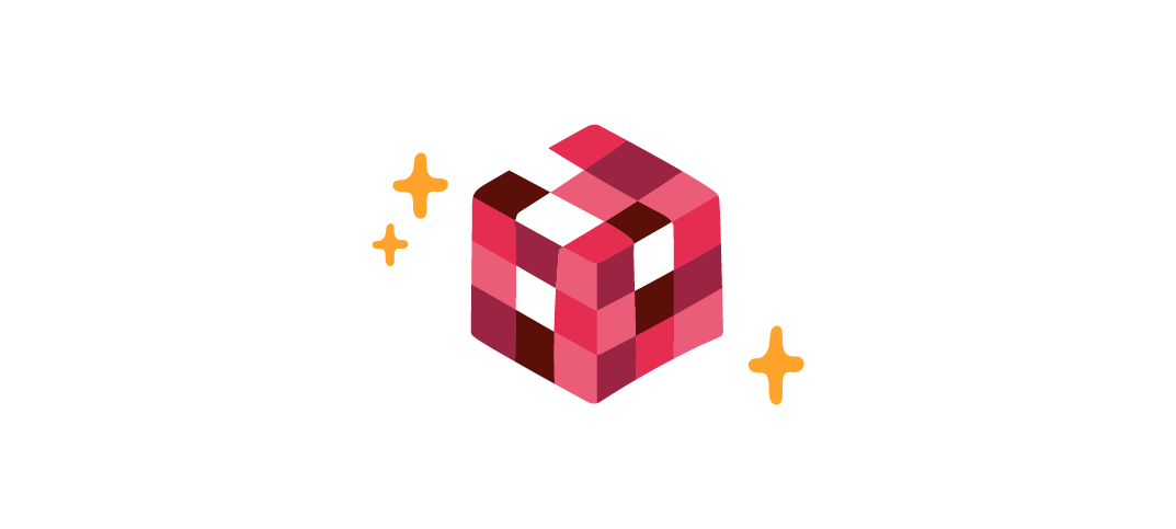 3D pink cube with a checkerboard pattern and sparkling effects, symbolizing creativity and innovation. Colorful geometric design., 3D cube with pink tones and sparkles depicting creativity and playful design elements.