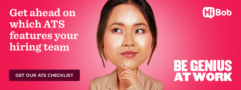 Woman thinking with exaggerated facial expression, next to text promoting an ATS checklist from HiBob with the slogan 'Be Genius at Work'
