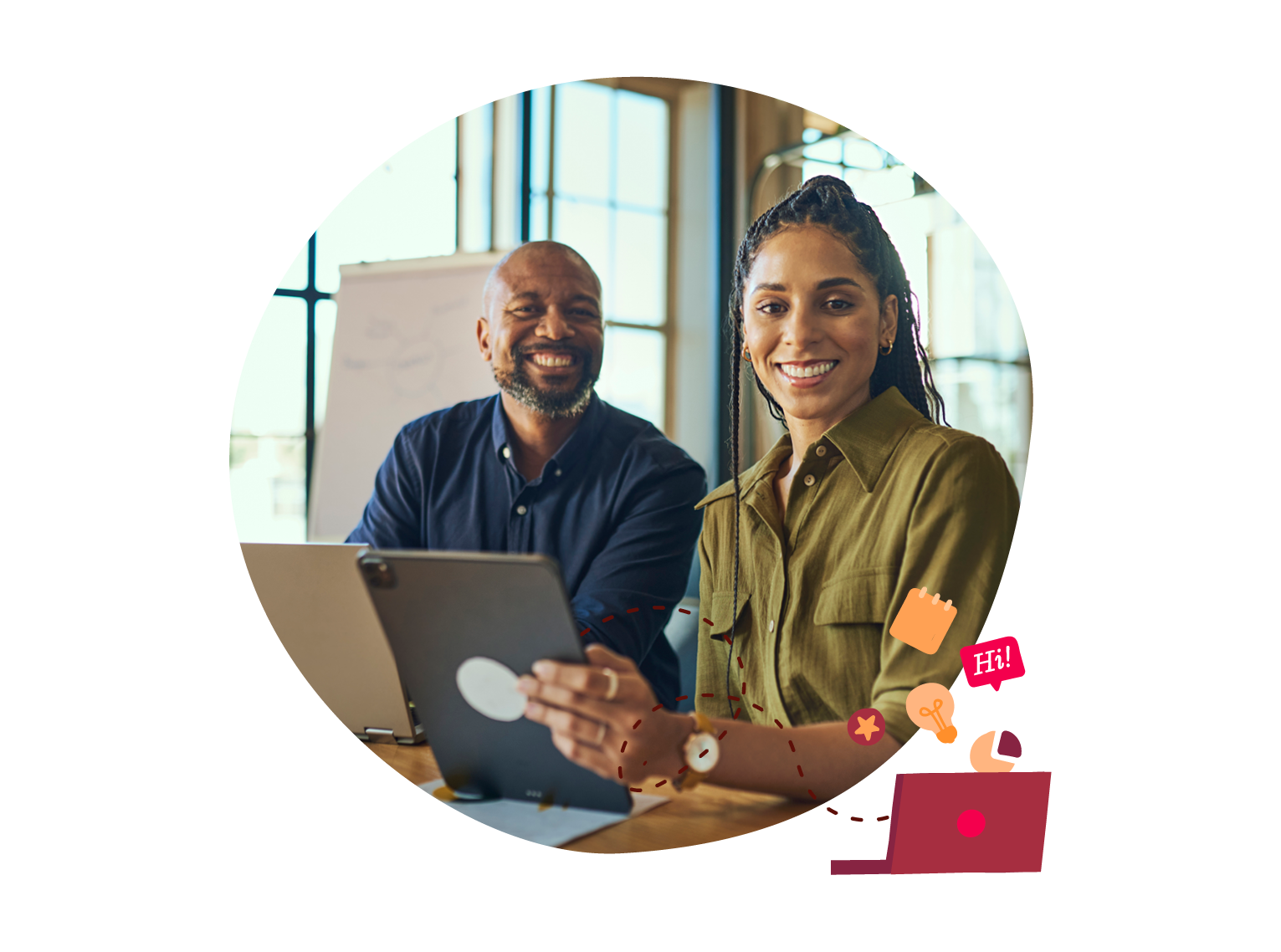diverse professionals collaborating in a bright office space, smiling, engaged with digital devices and creative elements, teamwork, business