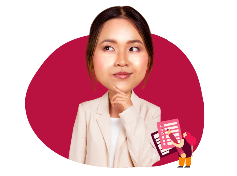 thinking woman in a blazer with a checklist illustration on red background, business professional pondering ideas and tasks