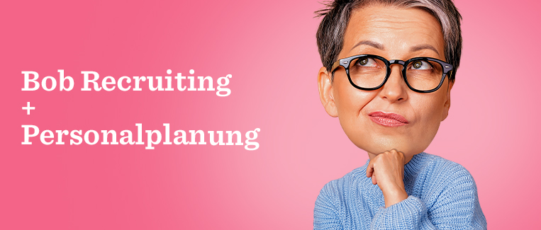 Bob Recruiting branding with woman in blue sweater and glasses, thinking pose, against pink backdrop. Professional focus. Bob Recruiting, Personalplanung
