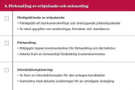 Förhandling och onboarding process, lista med rubriker och punkter för anställning, Färdigställande av erbjudande, introduktionsplanering