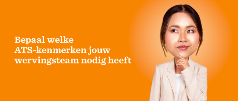 Bepaal ATS-kenmerken voor wervingsteam met denkende vrouw in witte blazer, op een levendige oranje achtergrond. , ATS, wervingsteam