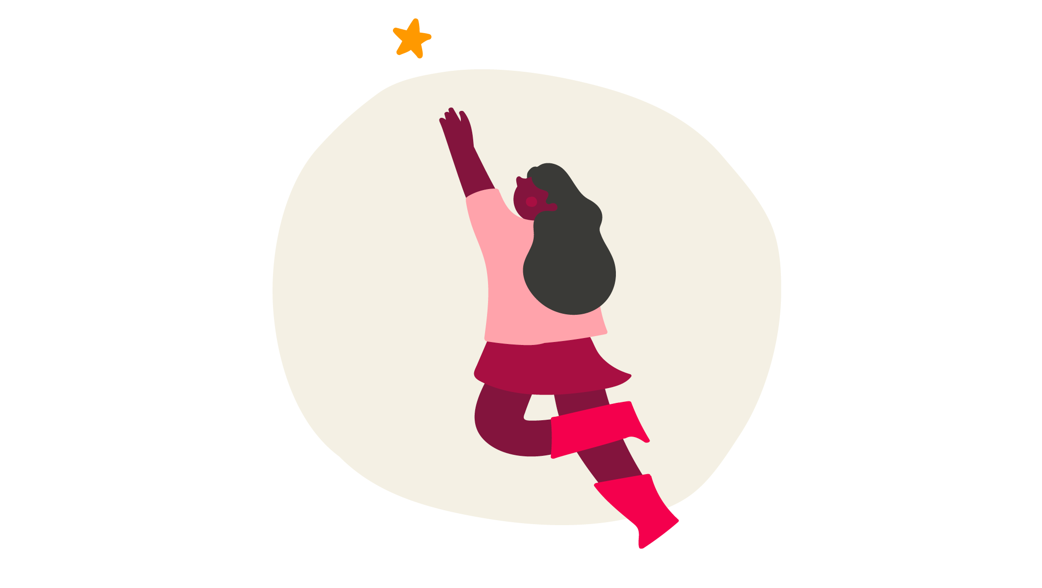 girl reaching for a star, wearing pink shirt and boots, on a light background, playful illustration of aspiration and dreams