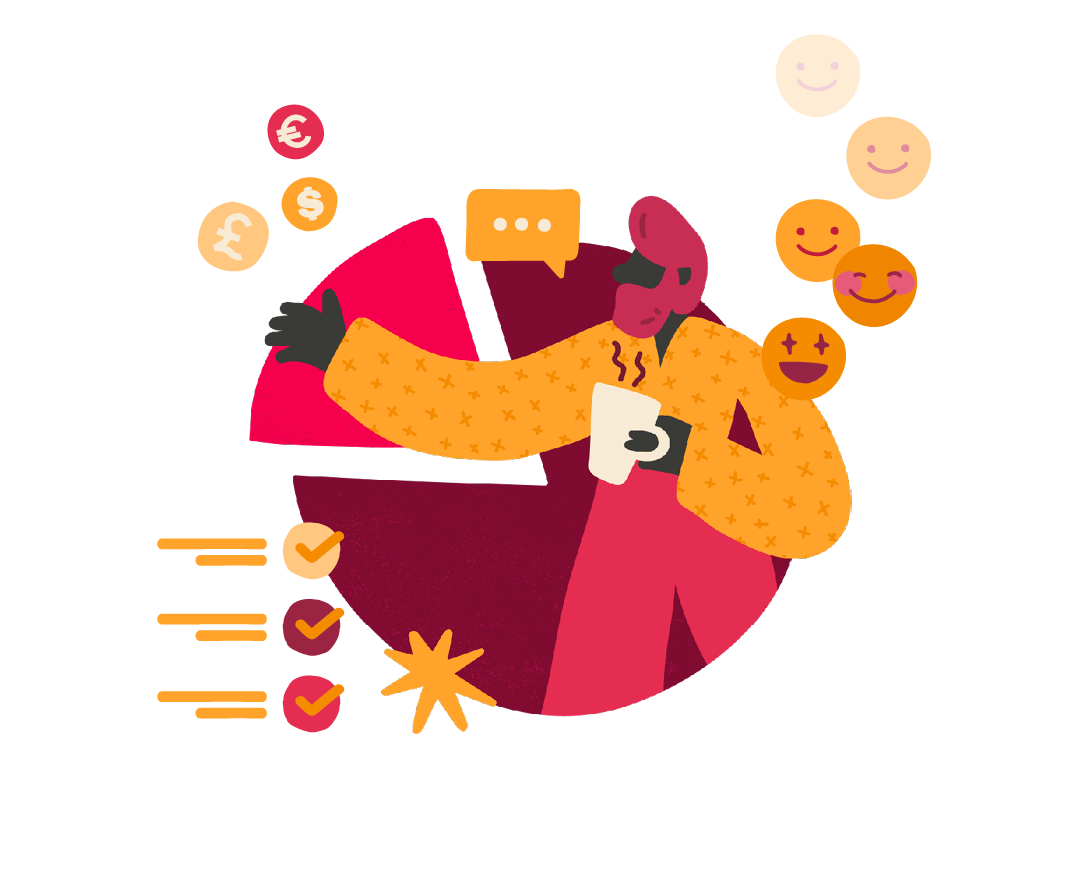 illustration of a person with coffee and pie chart, surrounded by currency symbols and smiley faces, colorful graphic design showing finance and satisfaction elements