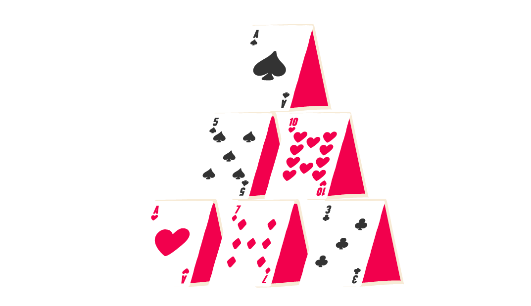 playing cards pyramid structure, colorful hearts and spades cards stacked creatively