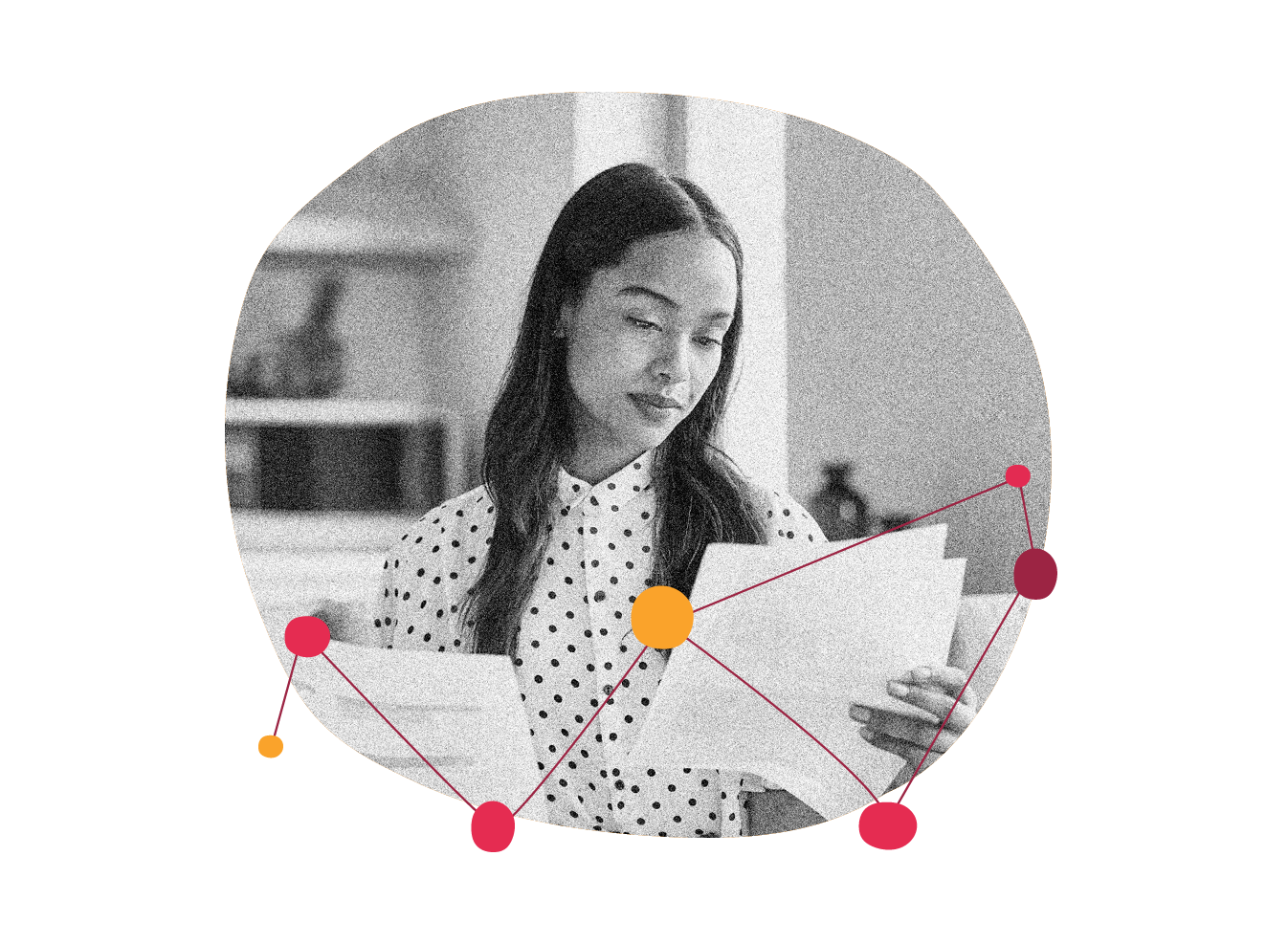 woman reviewing documents, black and white image with colorful abstract connections and polka dot shirt