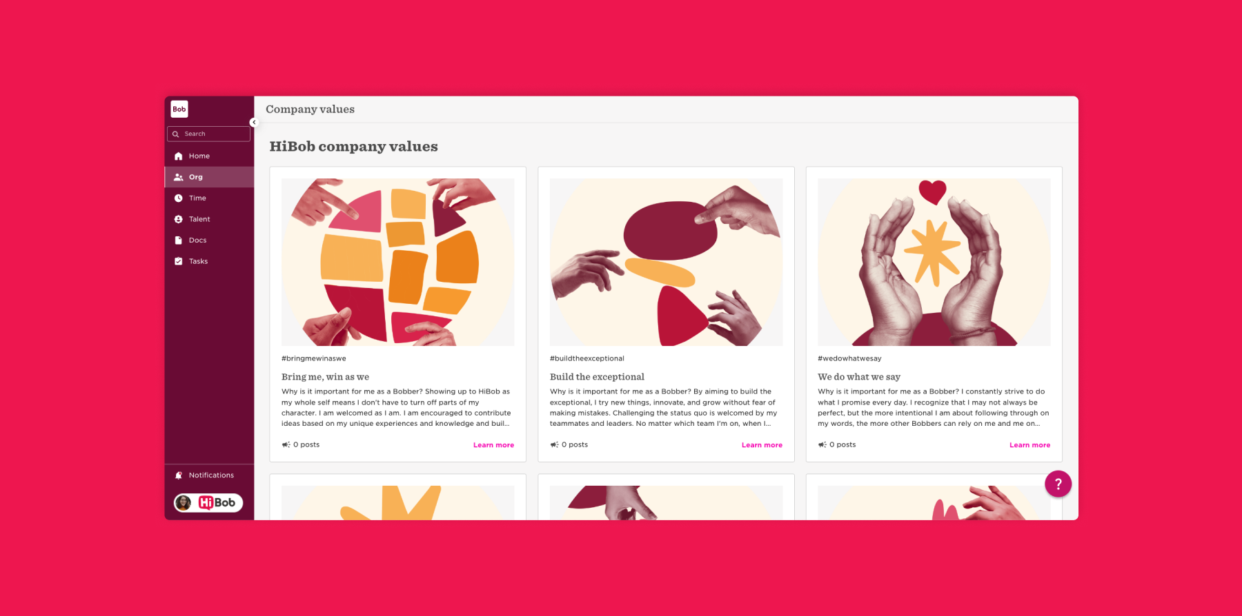 company values page with diverse illustrated hands representing collaboration, creativity, and integrity, HiBob brand identity, engaging design elements