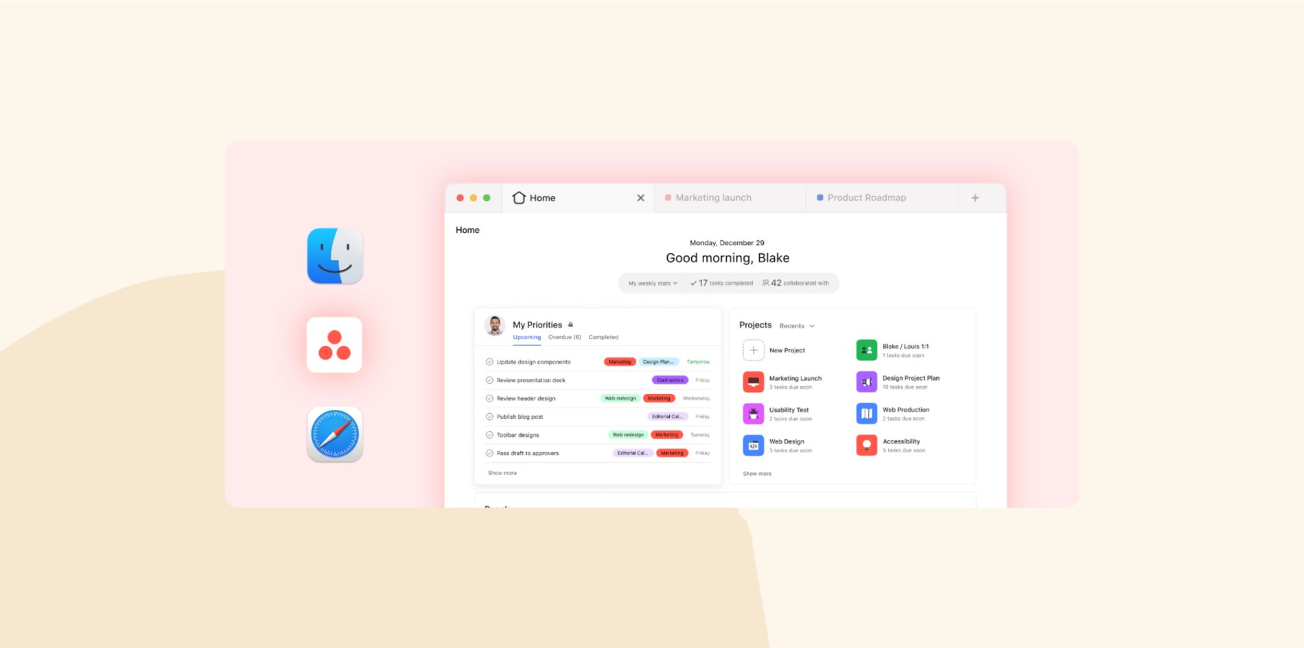 Project management dashboard welcoming user Blake, showing a to-do list with priorities and status labels, alongside a projects panel with color-coded tasks and integrations on the left.