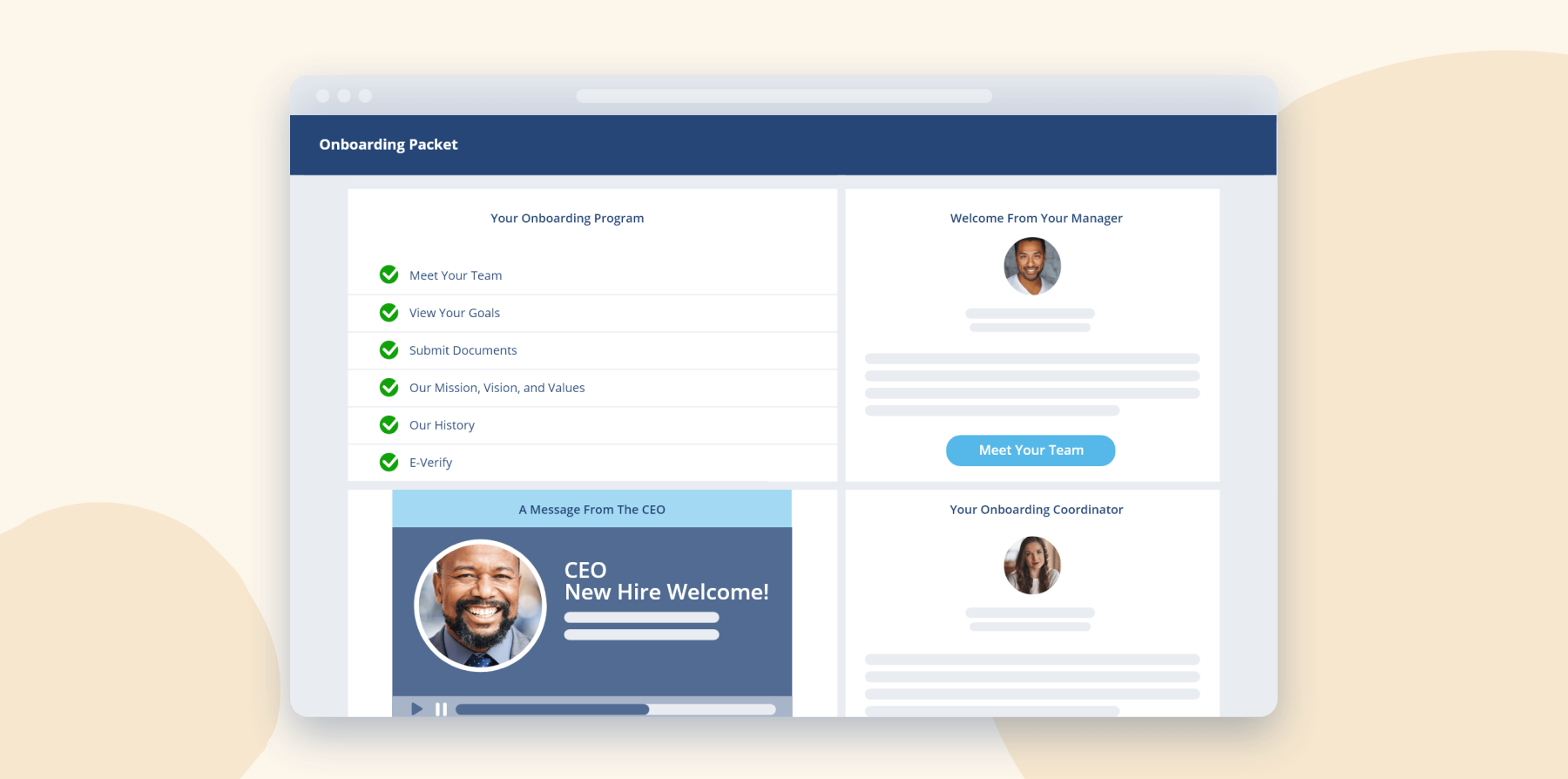 onboarding packet features program checklist, CEO message, and team introductions for new hires, employee onboarding interface with task list