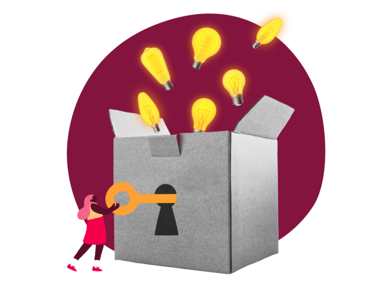 light bulb ideas emerging from a key-locked gray box with a person unlocking it on a bright maroon background, creative inspiration concept