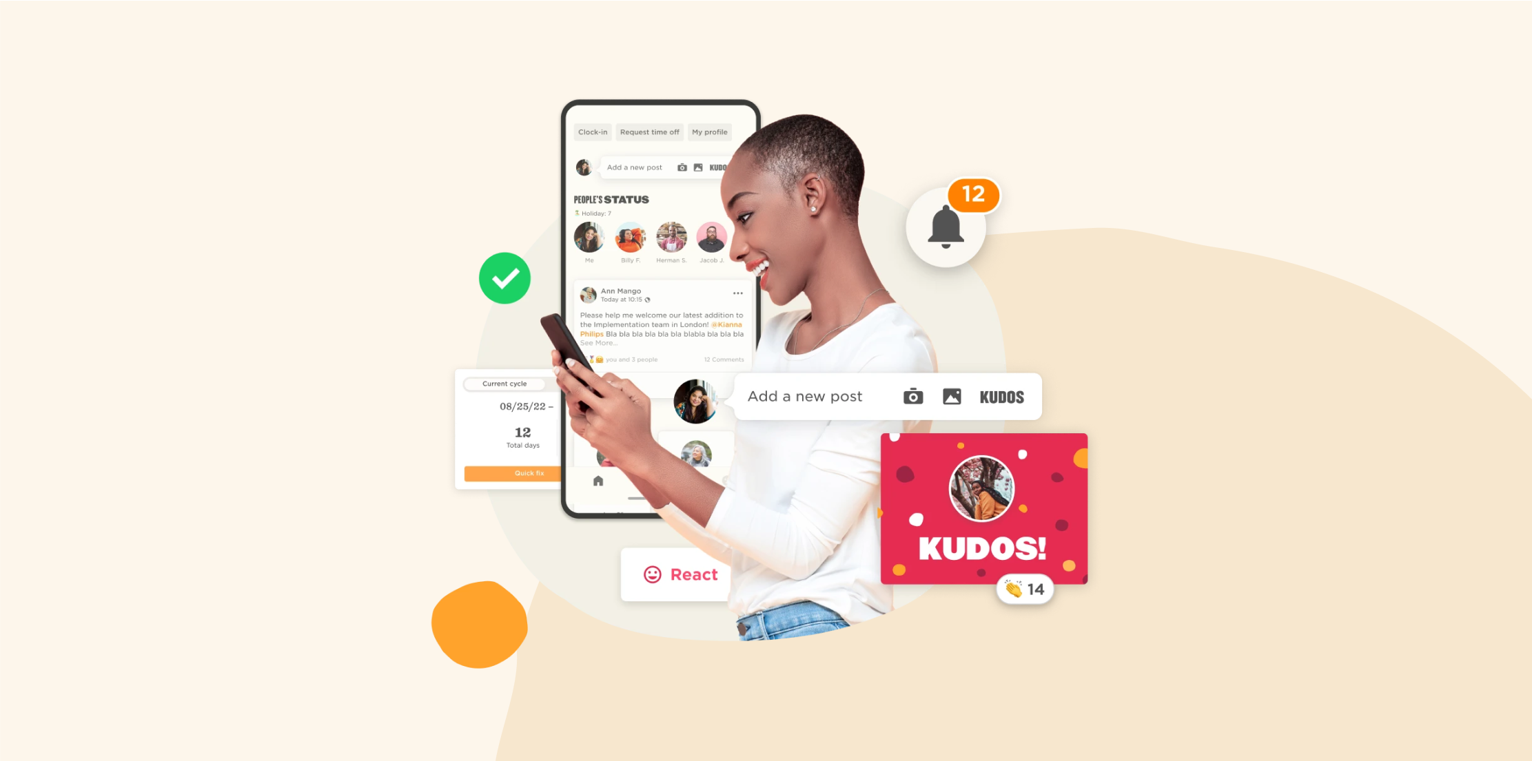 A woman engaging with an employee engagement app on her phone, surrounded by UI elements like post creation, notifications, reaction options, and a "Kudos!" message card.
