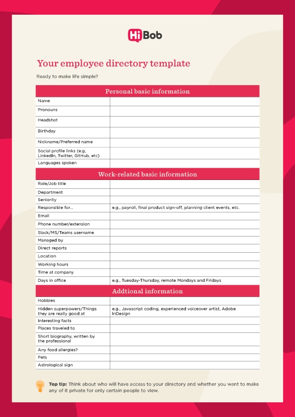 A screenshot of HiBob's free employee directory template
