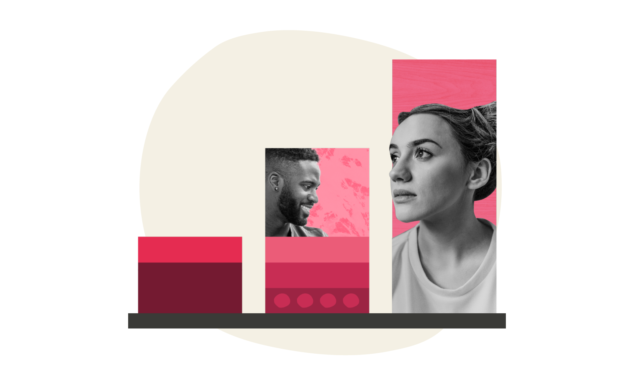 portrait of two individuals with bold geometric shapes and warm color contrasts, modern graphic design showcasing diverse faces