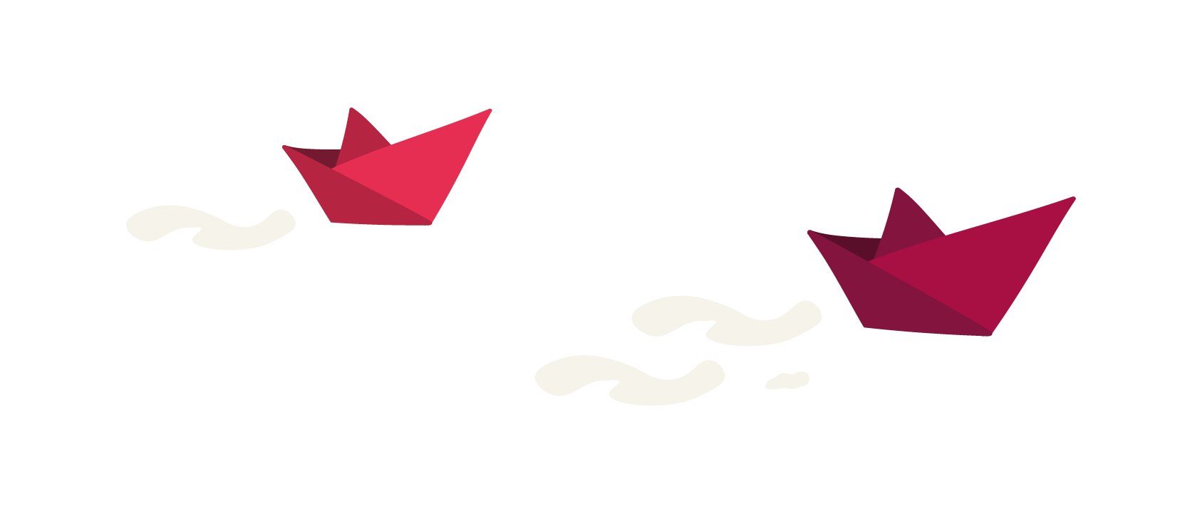 red origami boats sailing on a white background with playful swirls, two colorful paper boats with soft clouds behind them