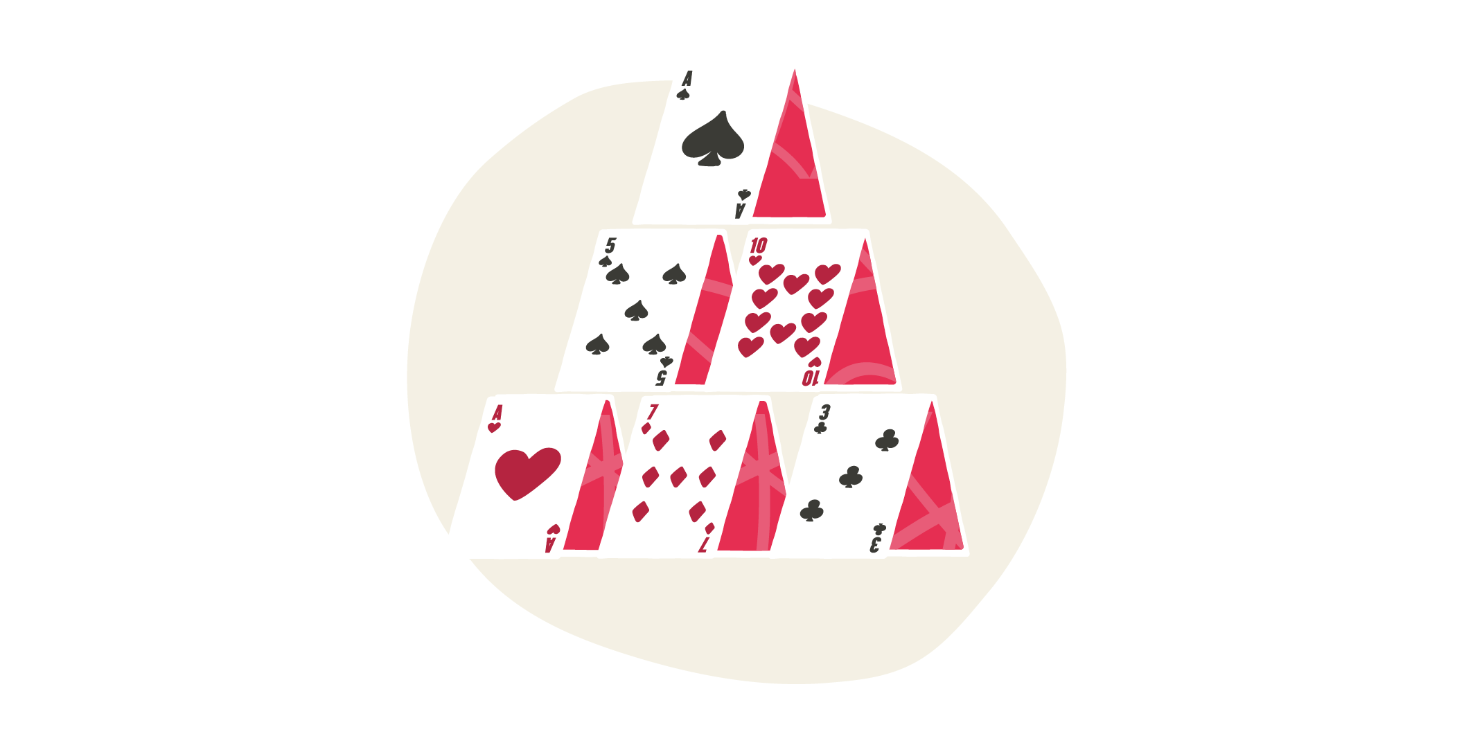 playing cards stacked in a pyramid form with spades and hearts on a soft background, pyramid of playing cards with heart and spade designs