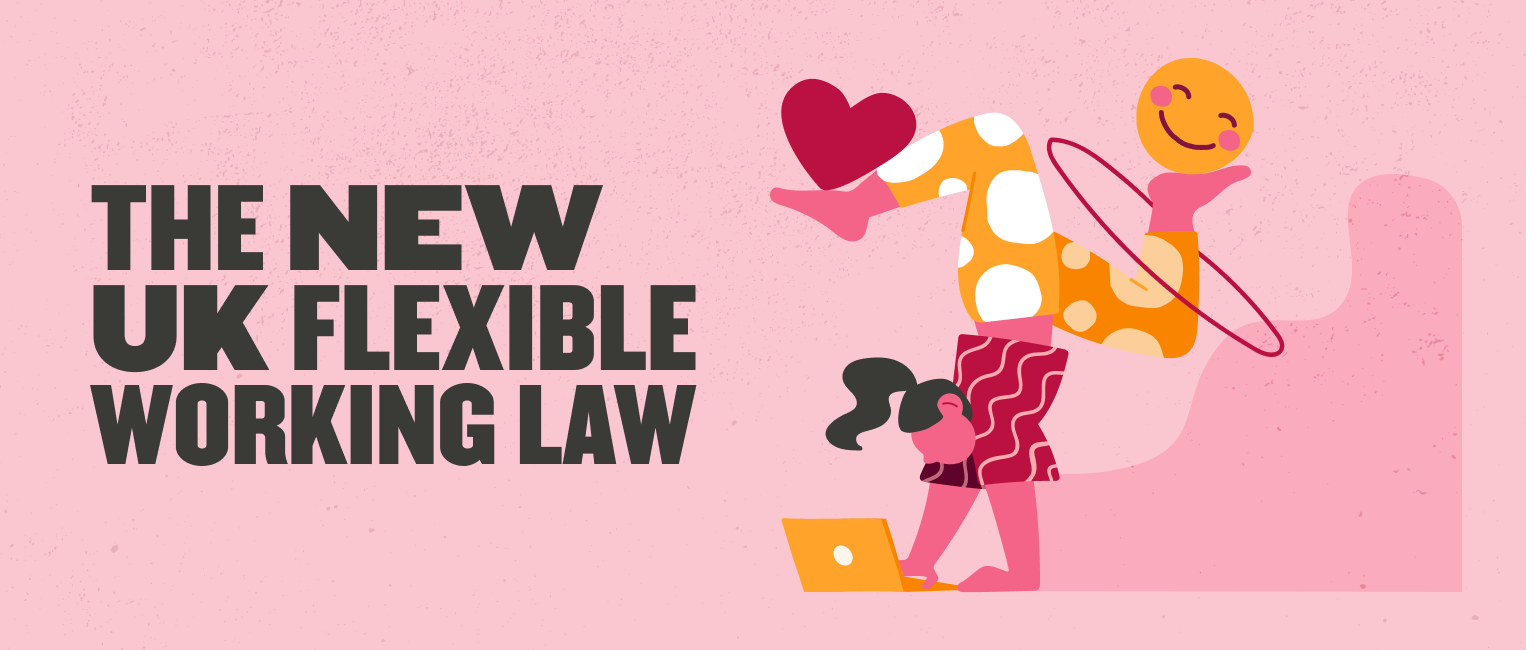 the new uk flexible working law illustration, colorful characters representing work-life balance and flexibility