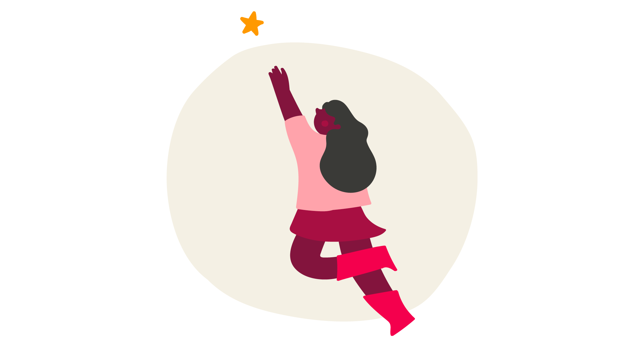 girl reaching for a star, wearing pink shirt and boots, on a light background, playful illustration of aspiration and dreams