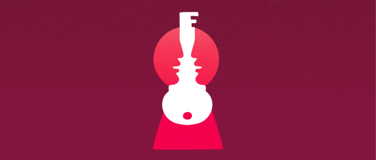 keyhole design with a white key silhouette against a red background; minimalist style emphasizing secrecy and access, bold key and keyhole imagery conveying unlocking potential