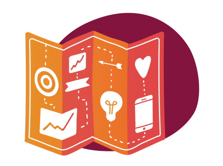 infographic-style map with icons representing data, creativity, communication, and love on an orange background, visual guide for marketing and innovation strategies