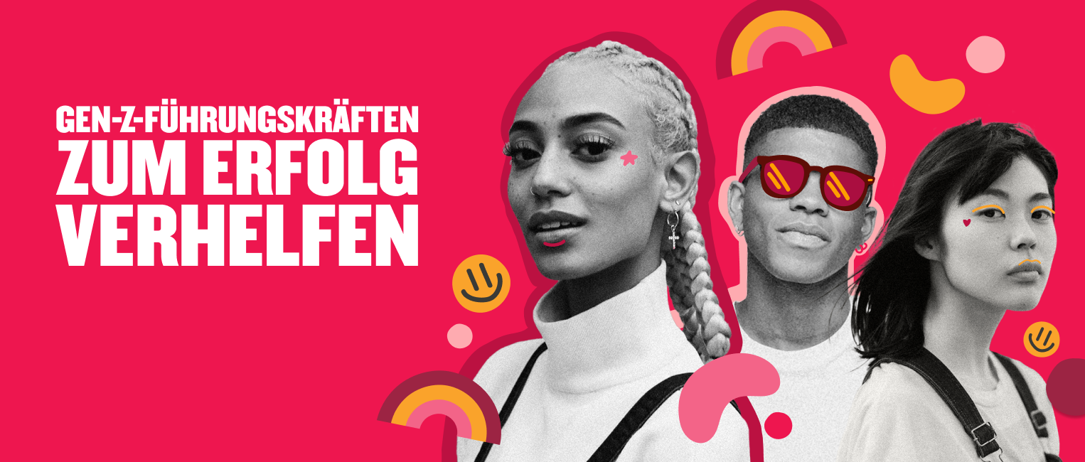 Gen Z leaders featured on a vibrant pink background, highlighting diversity with colorful accents and bold text. gen-z, leadership