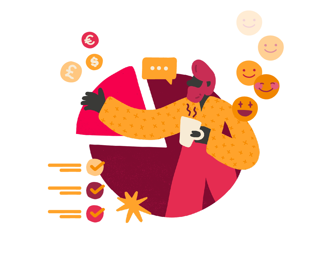 illustration of a person with coffee and pie chart, surrounded by currency symbols and smiley faces, colorful graphic design showing finance and satisfaction elements