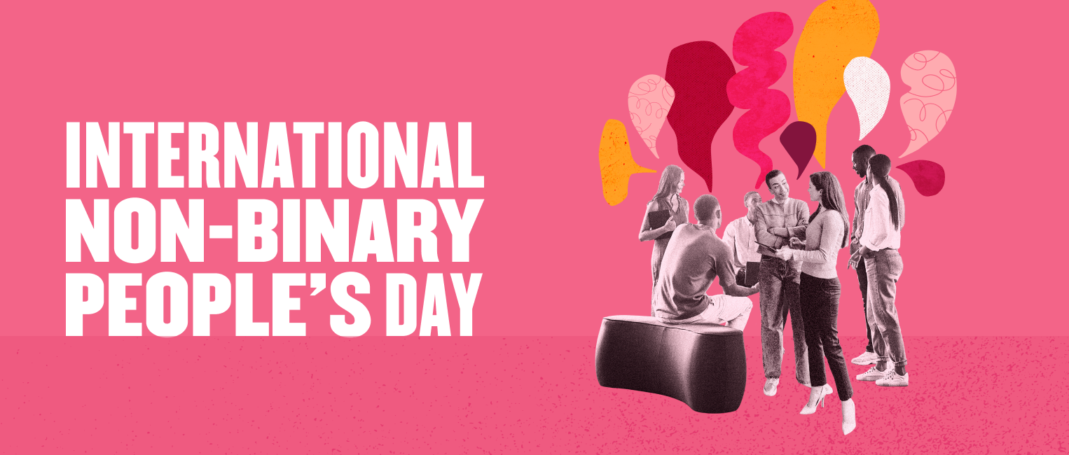 international non-binary people's day celebration, group discussion with diverse individuals on pink background