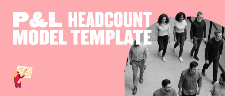 P&L Headcount Model Template with diverse professionals walking, showcasing business analytics visuals against a pink background., P&L, HeadcountModelTemplate