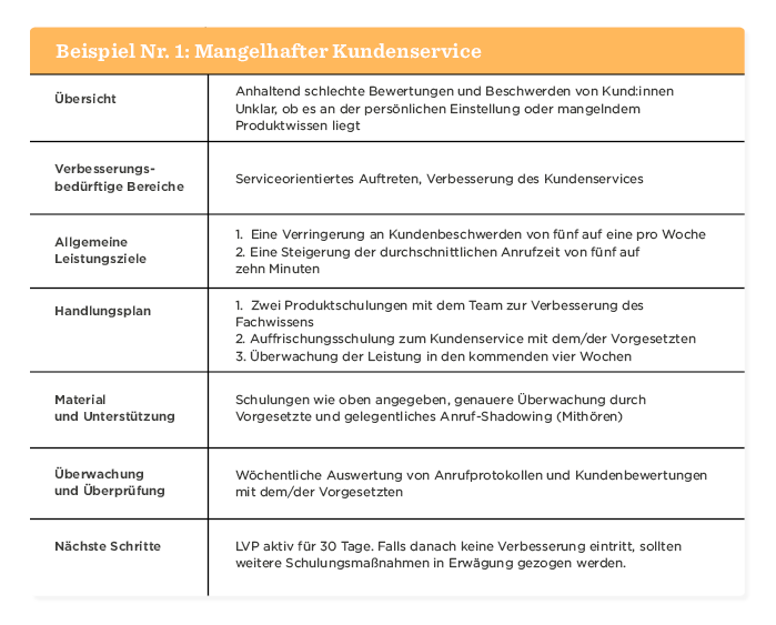Beispiel Nr. 1: Mangelhafter Kundenservice, Übersicht, Verbesserungsplan, Handlungsschritte zur Steigerung des Kundenservices