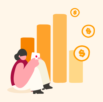 person sitting with phone next to bar graph and dollar signs, financial growth visualization with character and symbols