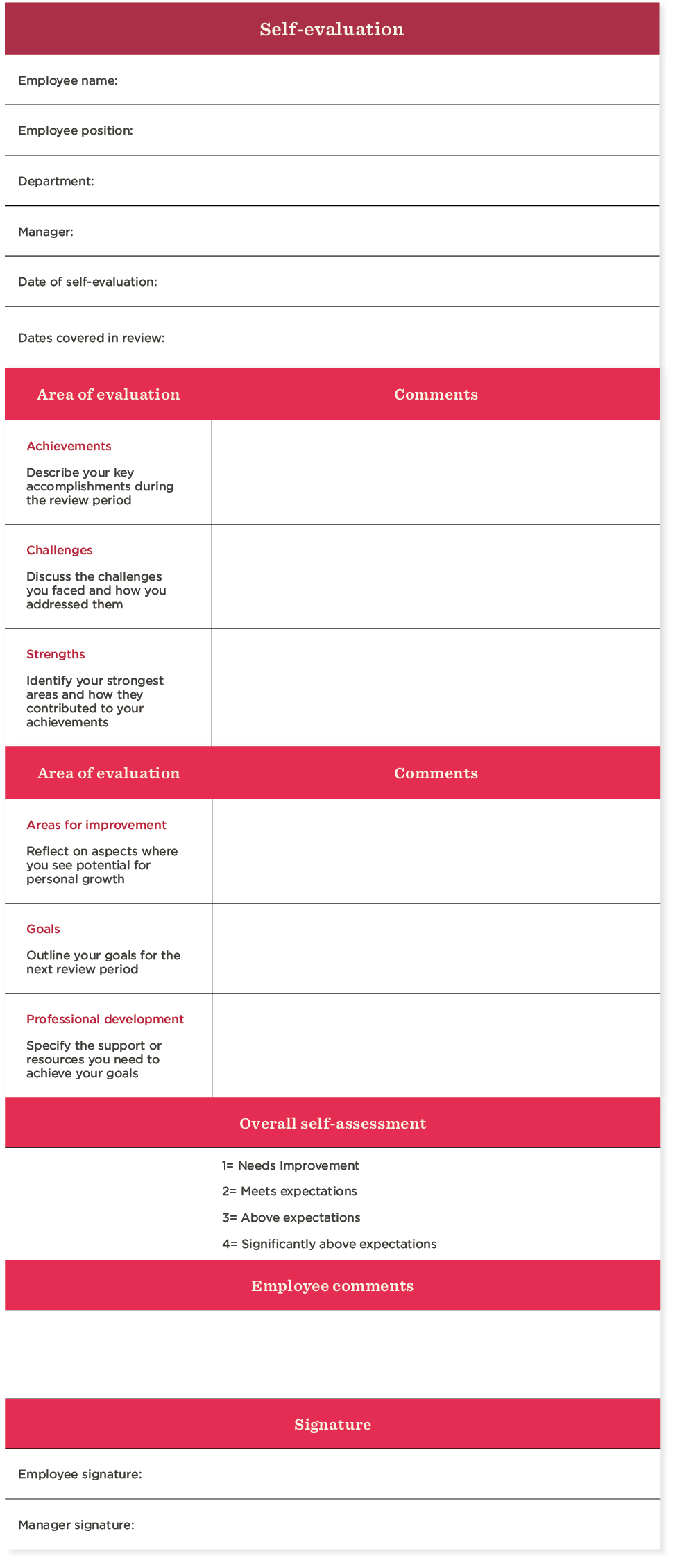 employee self evaluation performance review