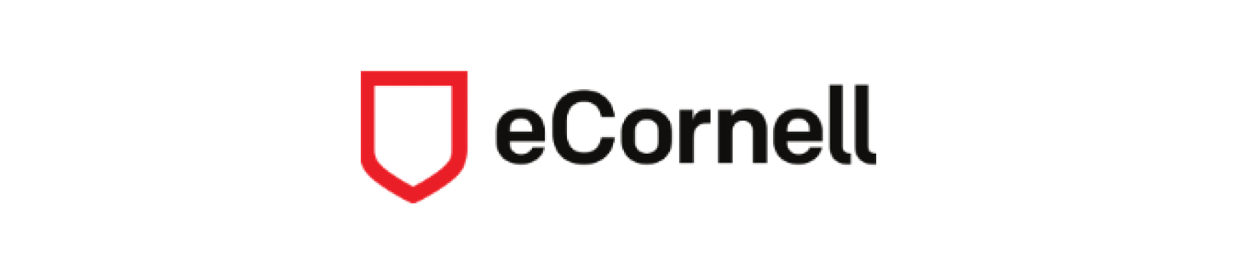 eCornell logo featuring a red shield and black text representing online education, Stylized shield design combined with eCornell branding