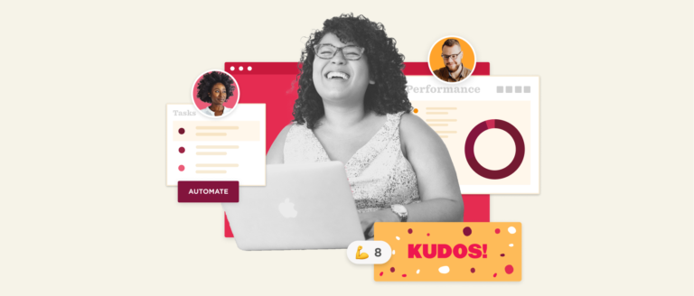 happy woman using laptop, celebrating success with performance metrics and task management graphics