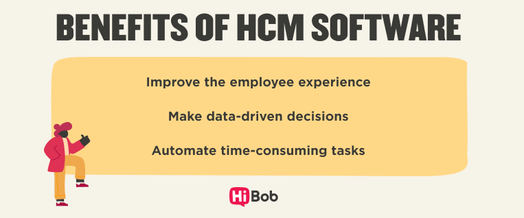 Infographic listing benefits of HCM software: improve employee experience, make data-driven decisions, automate time-consuming tasks. HiBob branding included.