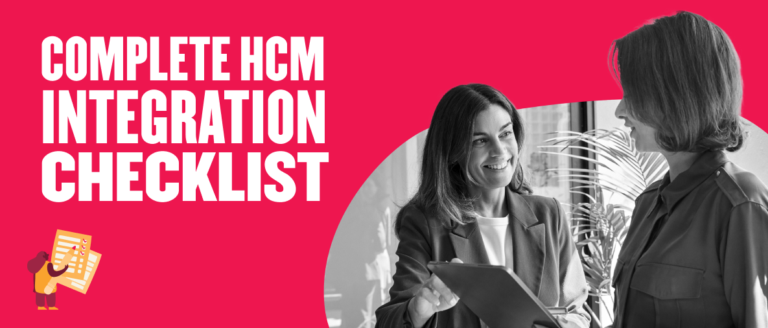 complete hcm integration checklist, two women collaborating in a modern office setting with a checklist and bright background