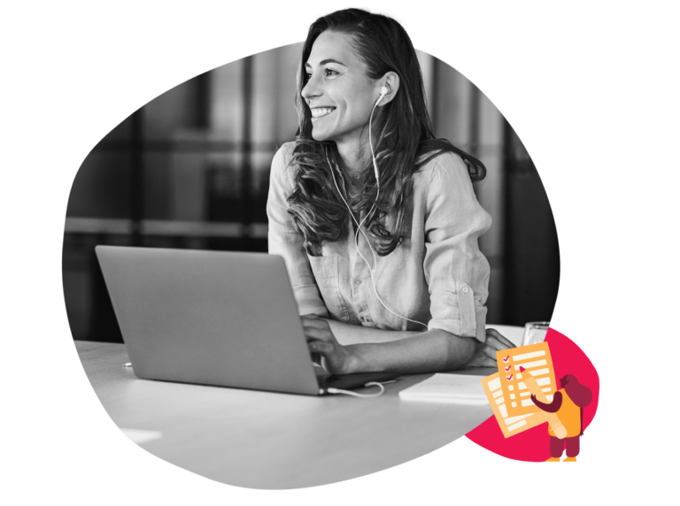 professional woman wearing headphones, working on laptop in modern office environment, smiling and focused on digital tasks