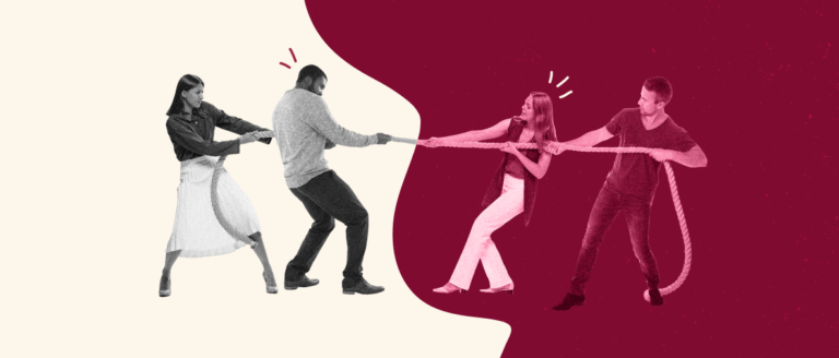 tug-of-war between four diverse individuals, playful competition with rope and exaggerated expressions