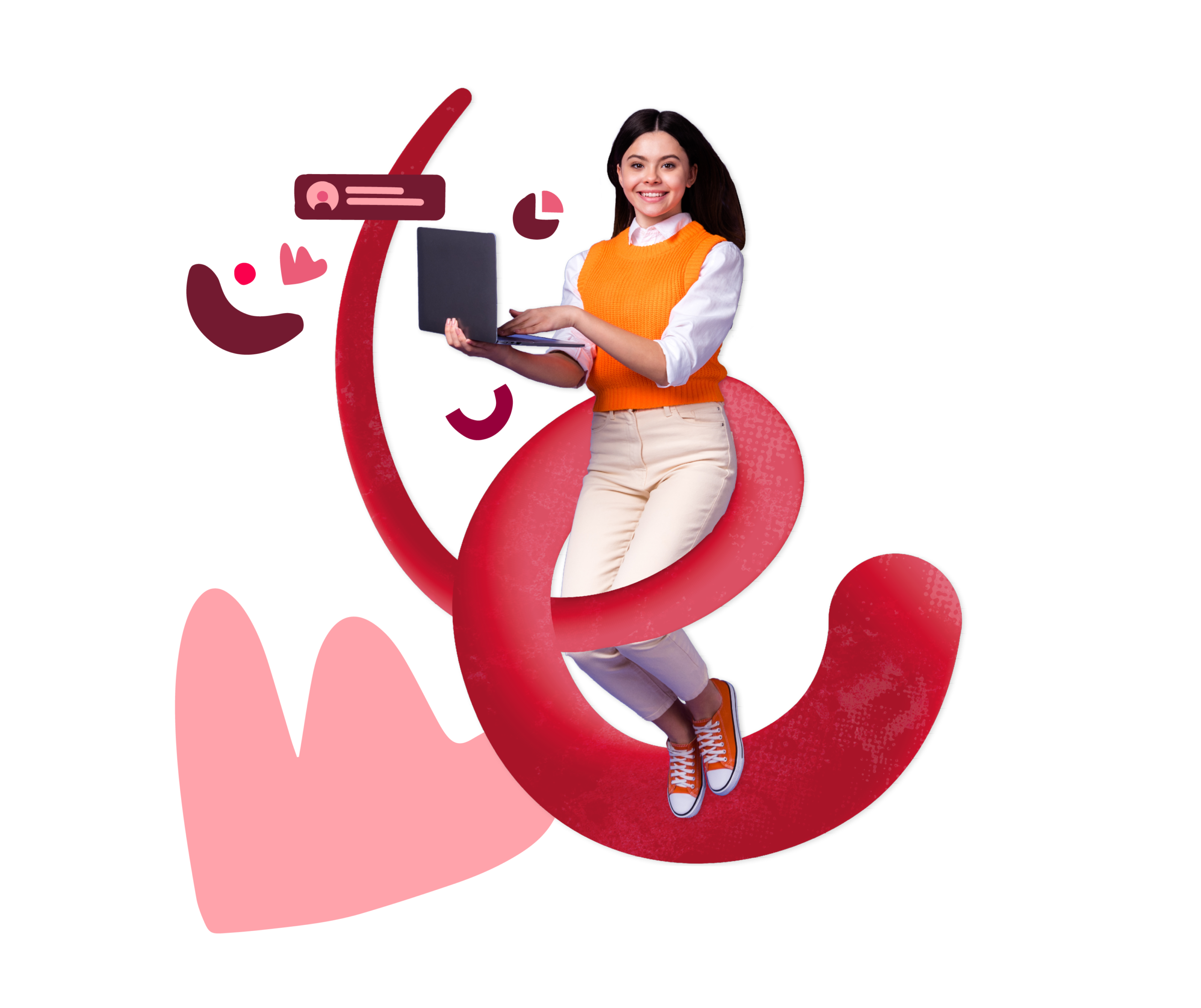 professional woman with laptop in vibrant orange vest surrounded by playful abstract shapes, cheerful modern digital workspace illustration